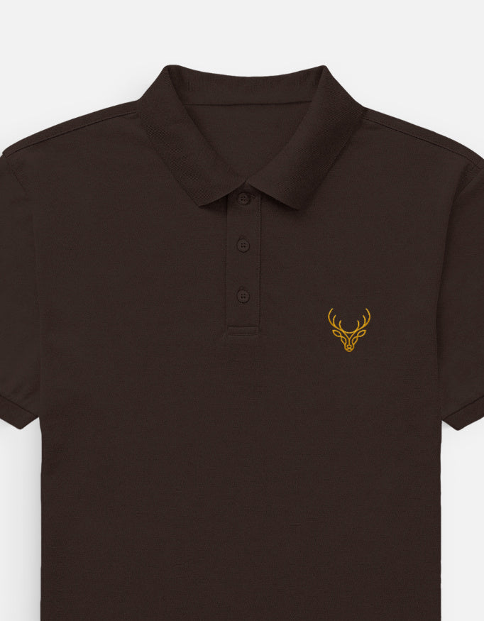 Coffe Color polo t-shirt with a gold embroidered logo on a white background