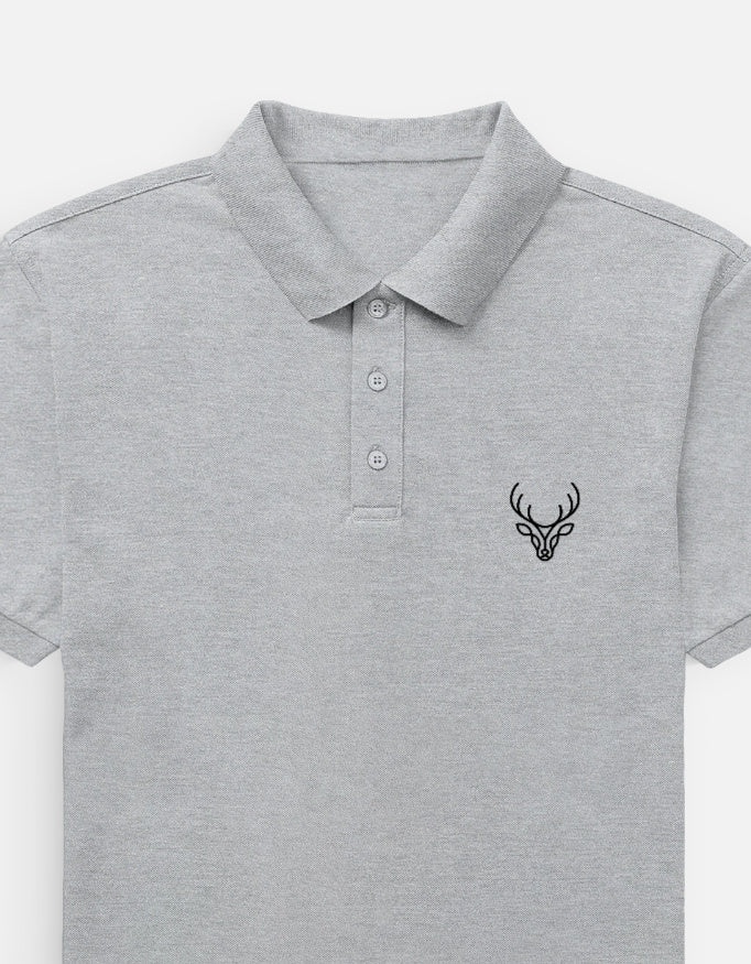 Gray polo shirt with a black logo on a white background