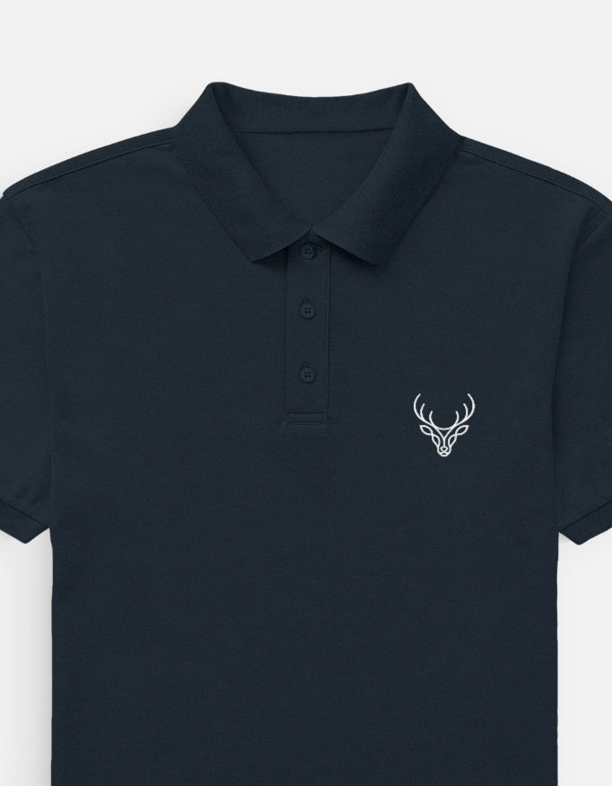 Navy blue polo shirt with embroidered logo on left chest