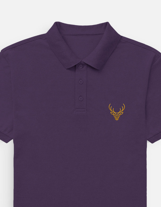 Purple polo shirt with a logo on a white background