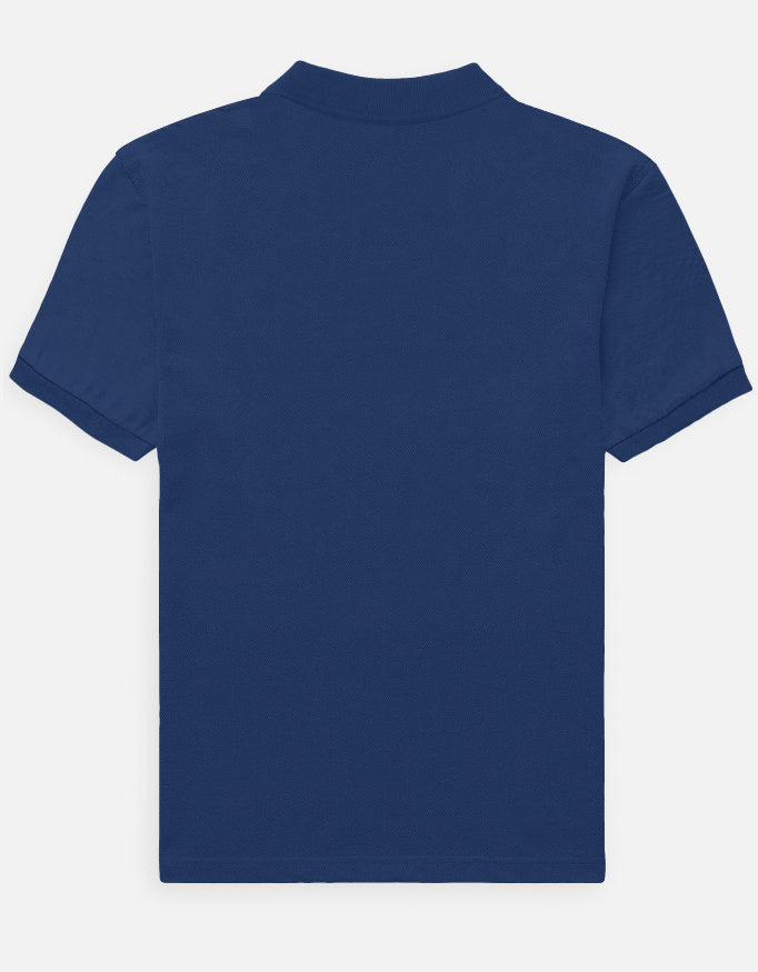 Royal blue polo shirt, back view
